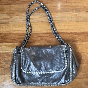 Elie Tahari leather pewter shoulder chain bag.
